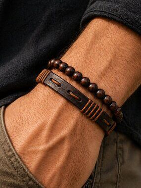 Mens Leather Bracelet Set Brown Beaded Wood Stack Adjustable Wristband boho